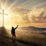 Christian prayers for protection Person praying under sunrise with cross in background