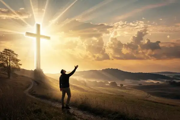 Christian prayers for protection Person praying under sunrise with cross in background