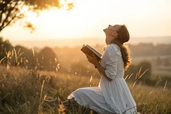 Becoming a Woman of God Woman praying with Bible in nature