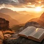 bible verses about strength Bible open on mountain during sunrise symbolizing strength