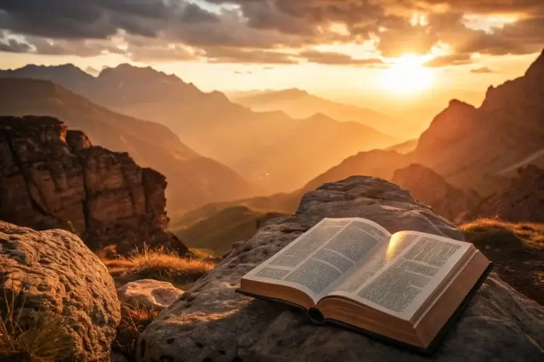 bible verses about strength Bible open on mountain during sunrise symbolizing strength