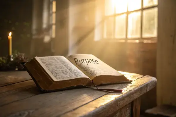 bible verses about purpose Open Bible with light shining on the word "purpose"