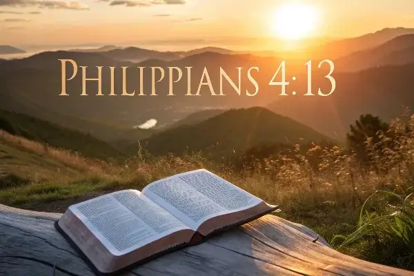 Bible verses for strength Bible with sunrise and Philippians 4:13 verse