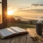 christian prayers for today Hands folded in prayer with open Bible and coffee during sunrise