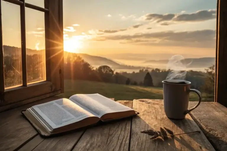 christian prayers for today Hands folded in prayer with open Bible and coffee during sunrise