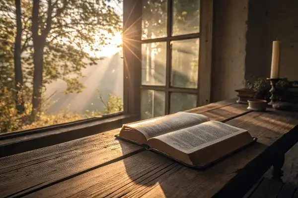 bible verses of the day Open Bible with morning sunlight